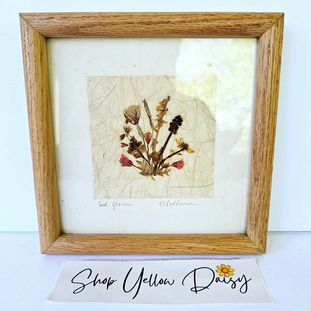 Vintage Framed Pressed Flower on Handmade Paper Picture Signed 7